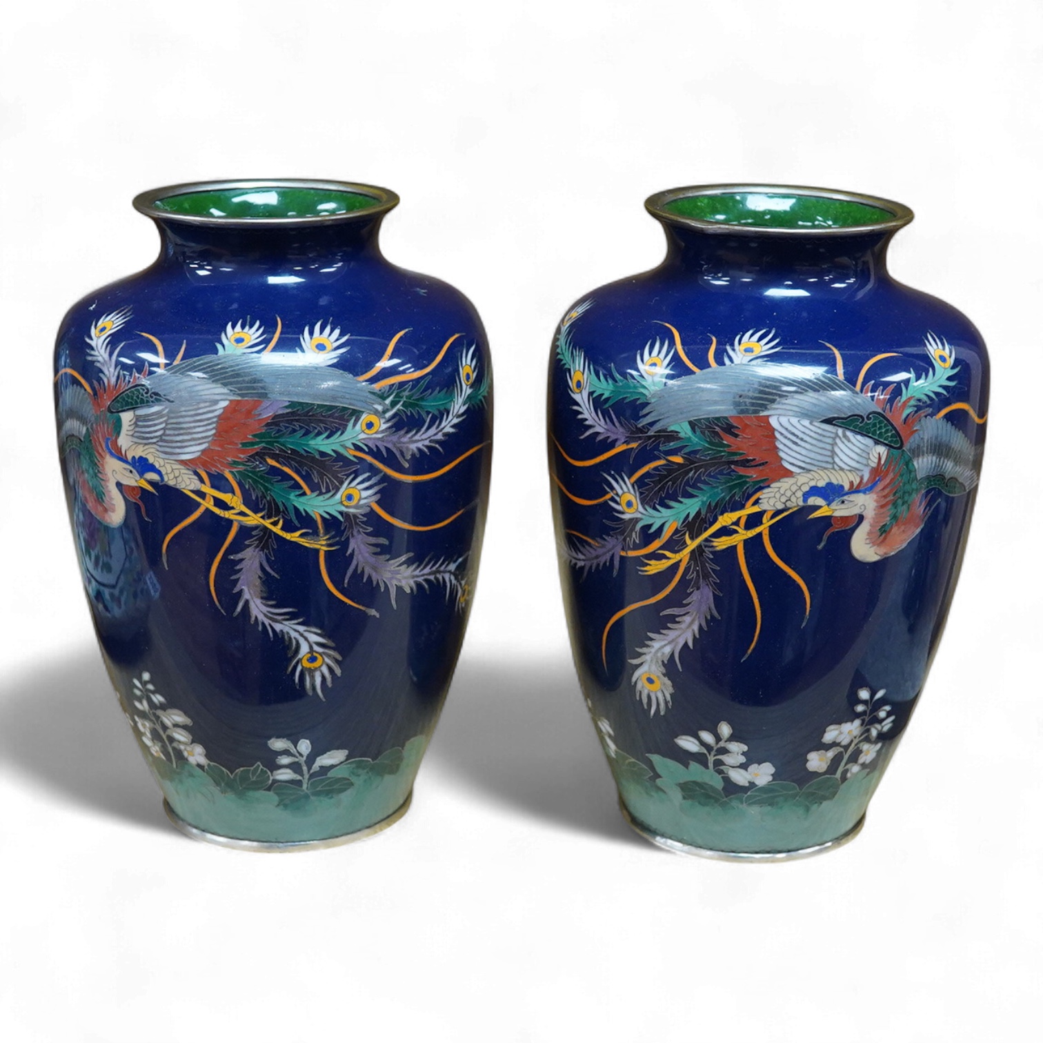 A pair of Japanese silver wirework cloisonné ‘phoenix’ vases, Meiji period (1868 - 1912), 18cm